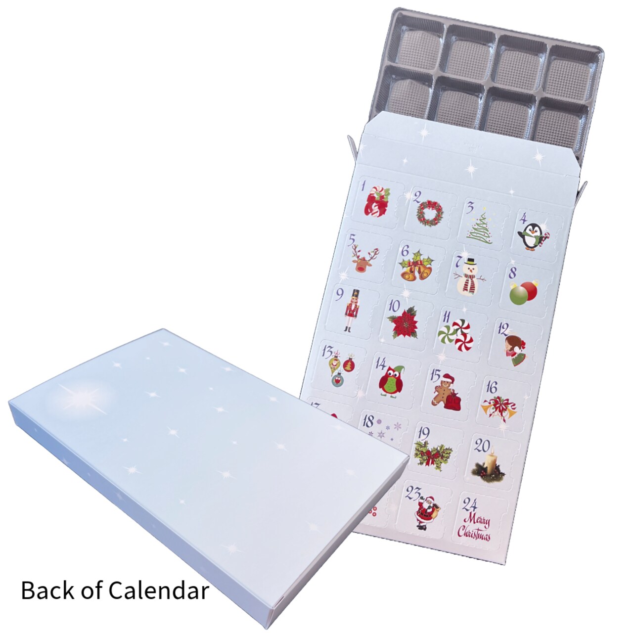 Made in USA - 10 Sets - Fillable (empty) Advent Calendar Candy Boxes and Trays - Blue - 10 Boxes and 10 Clear Trays - Food Safe